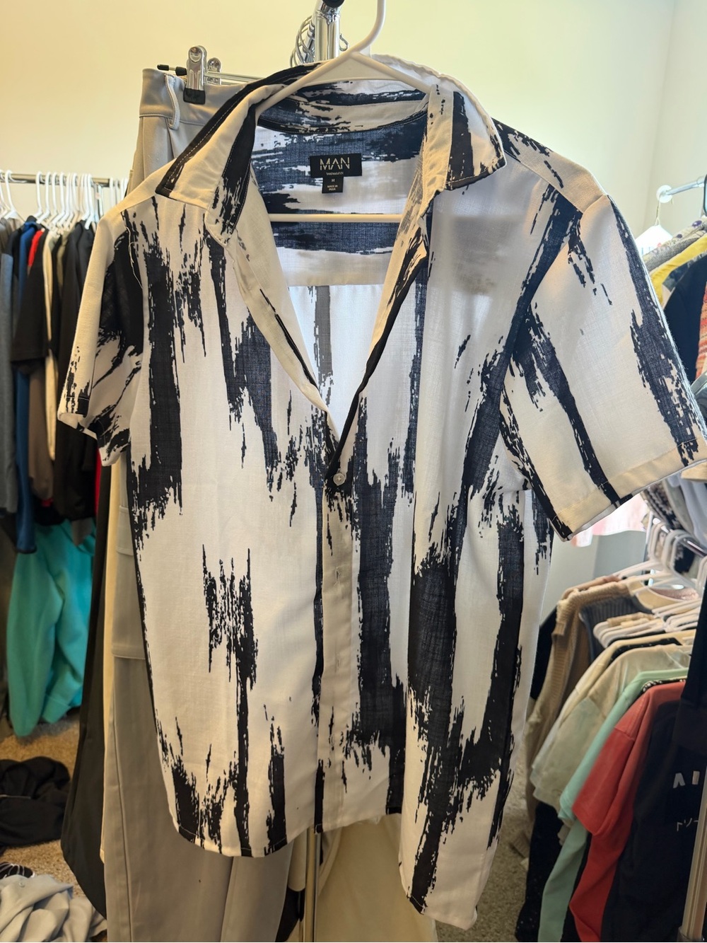 Boohoo Mens Black and White Brushstroke Short Sleeve Button Down Shirt